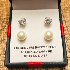 Sterling Silver Pearl & Lab Sapphire Stud Earrings Set 2-Pair Gift Box NWT
